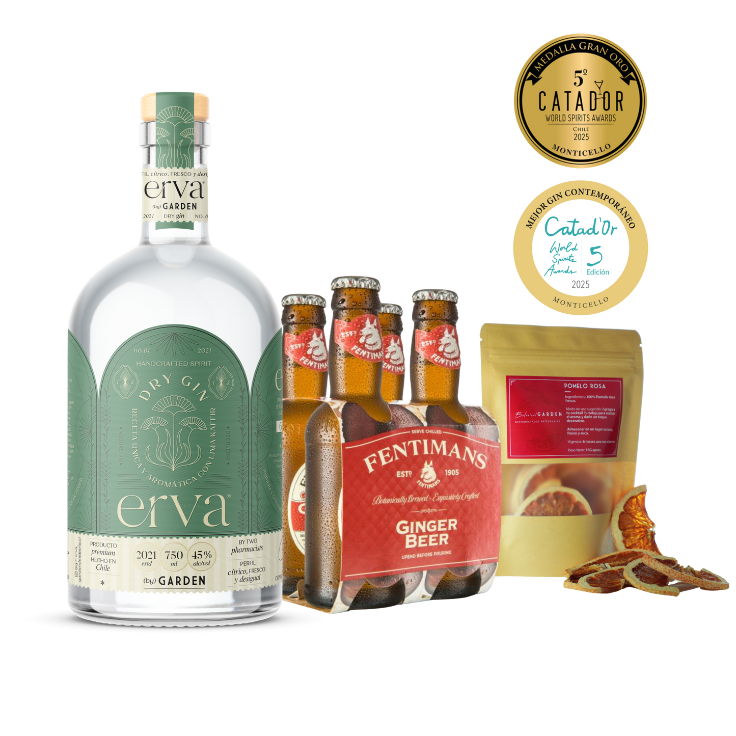 PROMO Gin Erva 750 ml + 4x Fentimans Ginger Beer 200 ml + Pomelo Rosa Deshidratado + Receta de Regalo