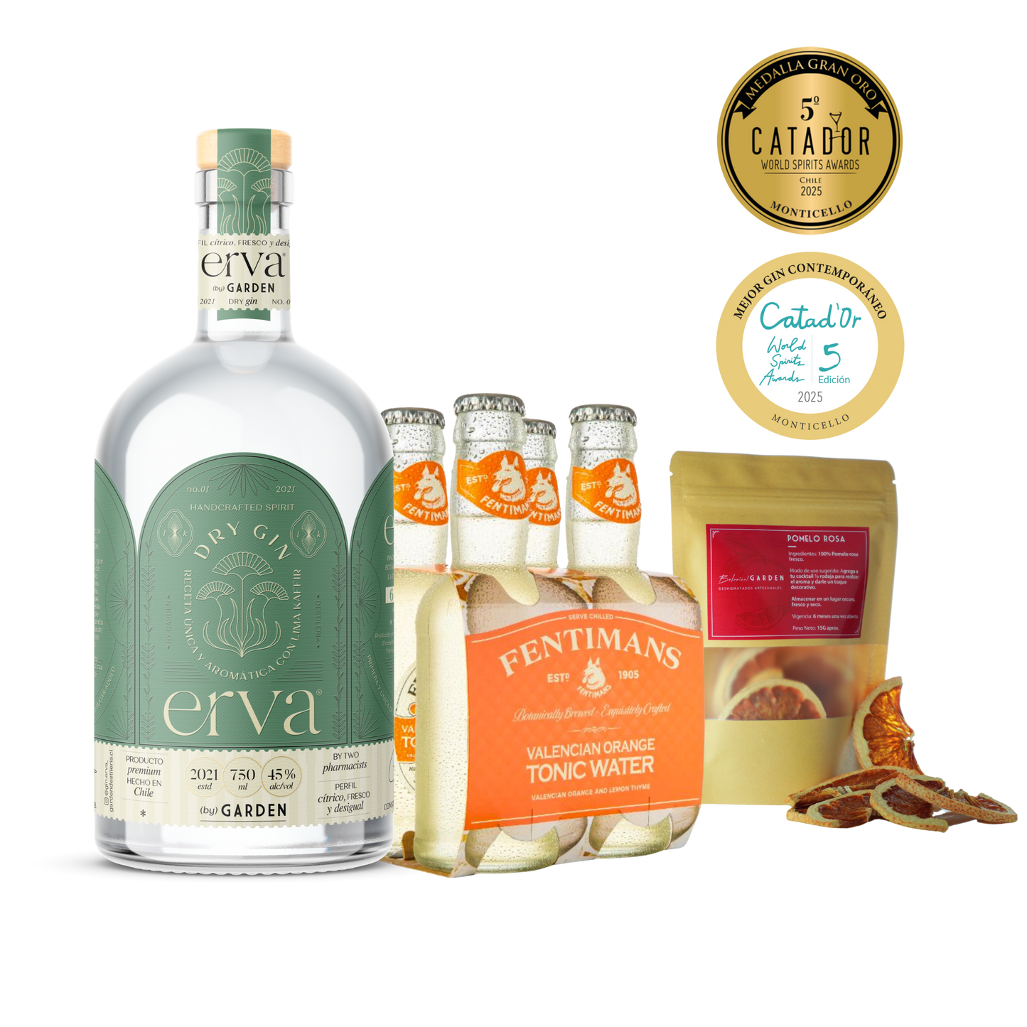 PROMO Gin Erva 750 ml + 4x Fentimans Valencian Orange Tonic Water 200 ml + Pomelo Rosa Deshidratado + Receta de Regalo